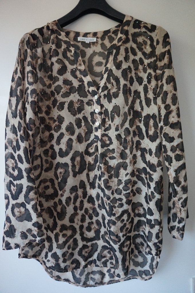 Lange blouse Millenium luipaard tijger print en strass mt M, Maat 38/40 (M), Bruin, Zo goed als nieuw, Millenium