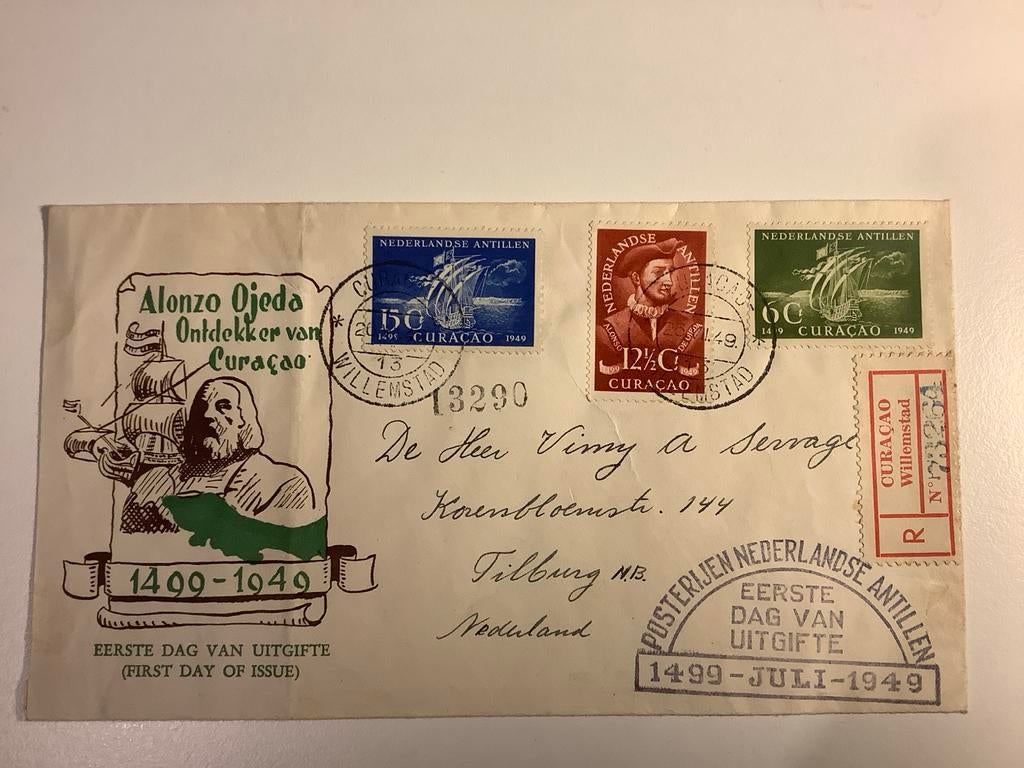 FDC Curaçao 1949 - Alonso de Ojeda, Postzegels en Munten, Postzegels | Eerstedagenveloppen, Ophalen of Verzenden, Nederland