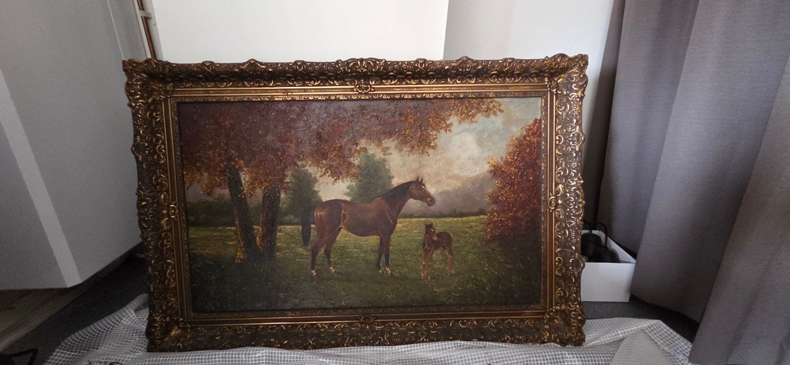 Klassiek paardenschilderij met merrie en veulen, Ophalen
