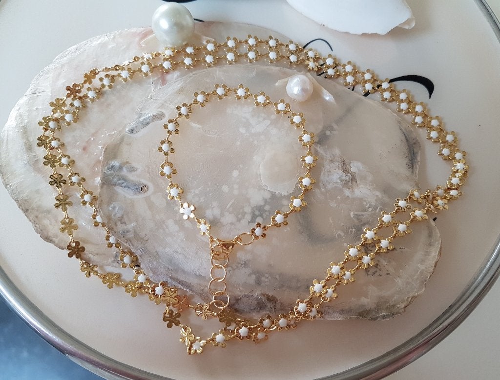 Daisy Flower setje Ketting + Armband RVS 18Karaat Goldplated, Verzenden, Nieuw, Goud, Overige materialen