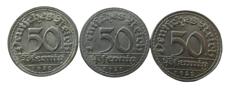 ** Duitse 50 Pfennig munten 1920, 1921, 1922 (Set van 3) **, Verzenden, Duitsland, Setje
