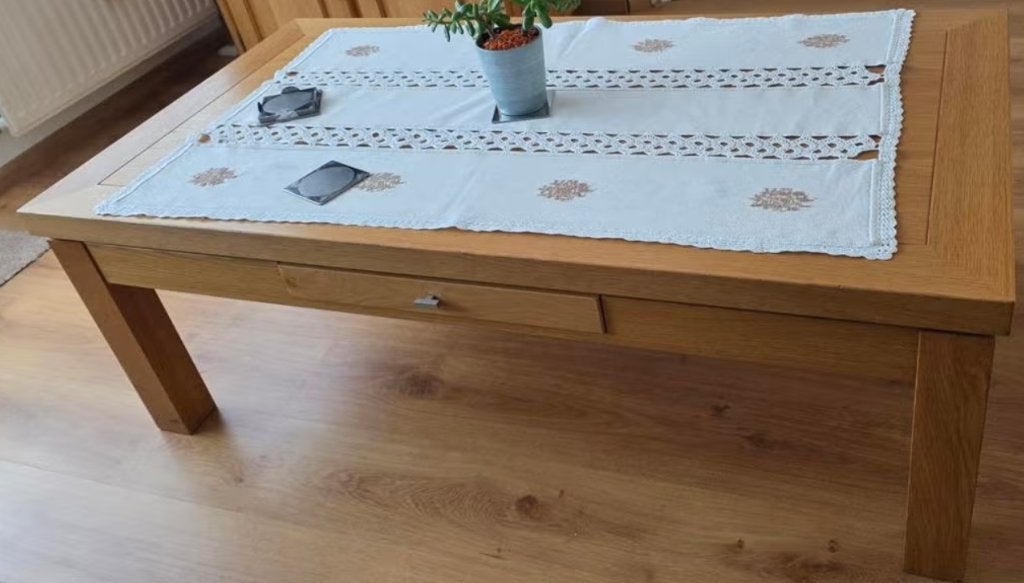 Eikenhouten salontafel met lade (L129xB69xH45 cm), Ophalen, Eikenhout, 100 tot 150 cm, Modern klassiek