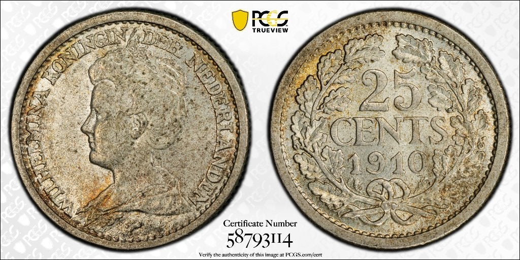 25 Cent 1910 Wilhelmina/PCGS MS63., Zilver, 25 cent, Ophalen of Verzenden, Koningin Wilhelmina
