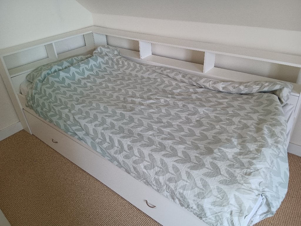 Eenpersoonsbed met uitschuif voor 2e matras, Ophalen, 85 tot 100 cm, Gebruikt, Lattenbodem