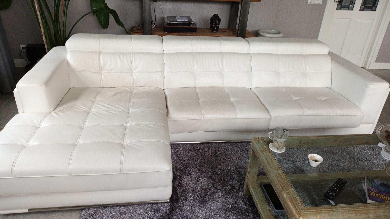 Luxe witte lederen hoekbank met verstelbare hoofdsteunen, Huis en Inrichting, Banken | Bankstellen, 250 tot 300 cm, 125 tot 150 cm