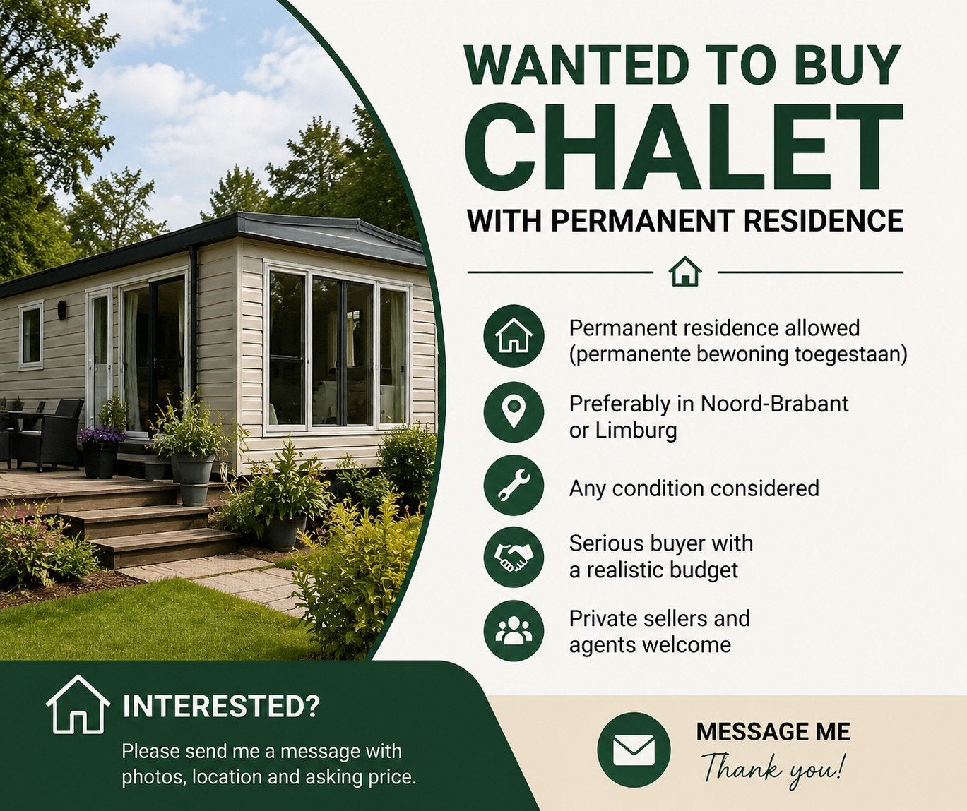 Wanted to Buy Chalet/Mobile Home