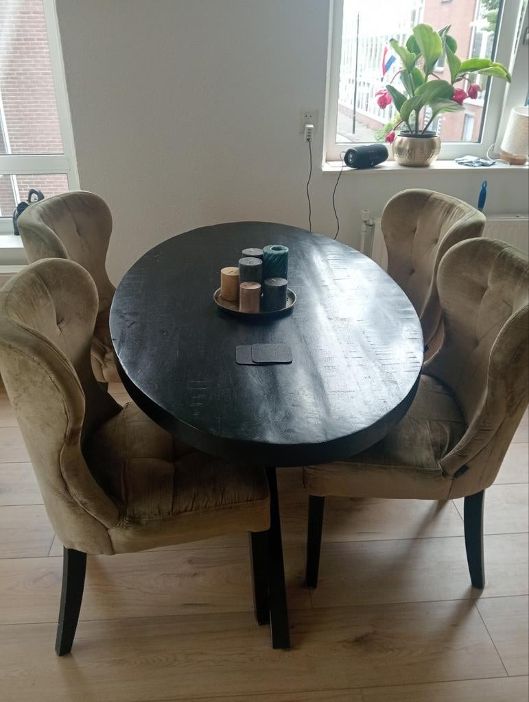 Zwarte mango houten eethoek tafel met 4 Dome Deco stoelen, Gebruikt, Verzenden, 50 tot 100 cm, 150 tot 200 cm