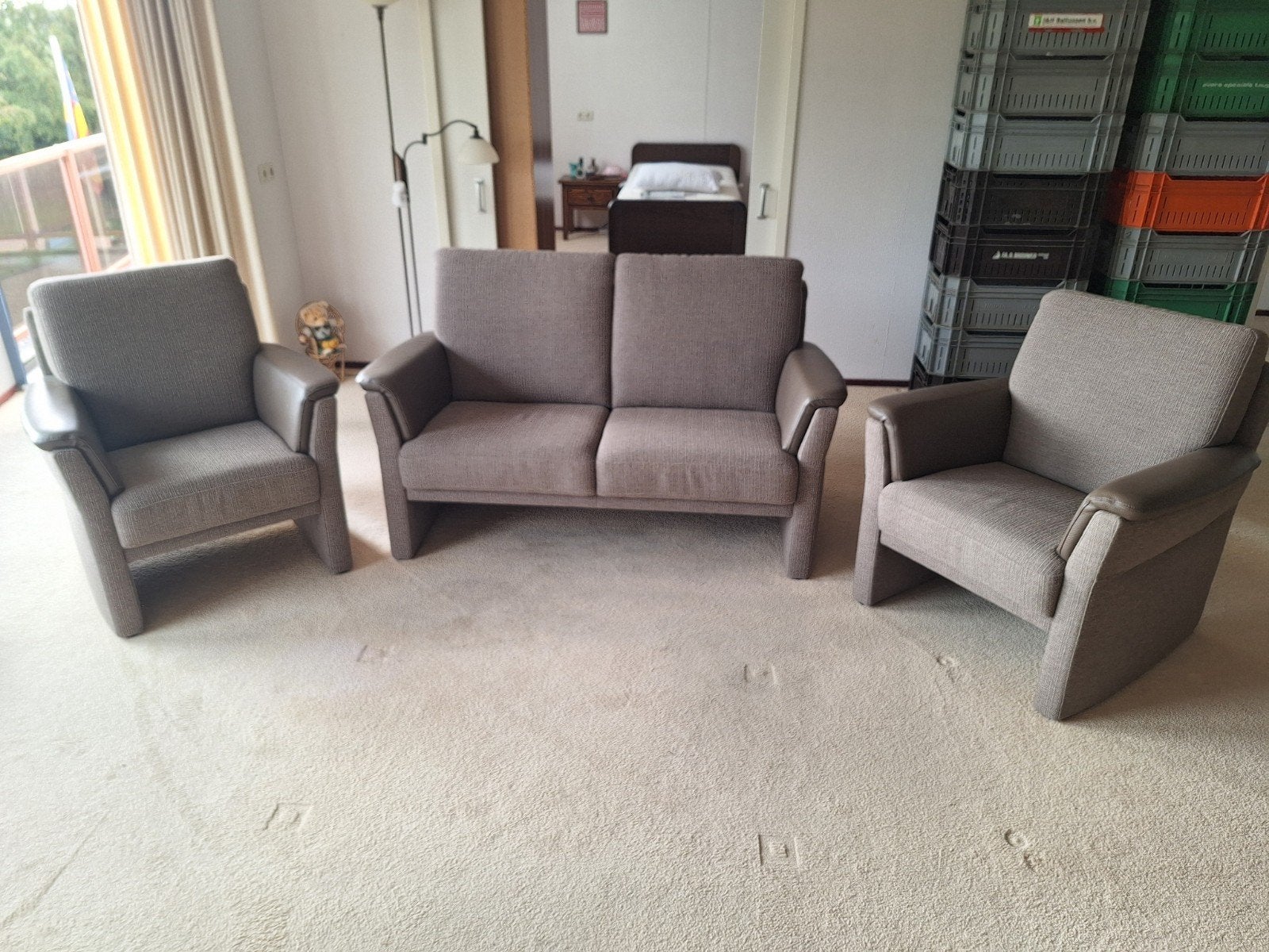 Zithoek bank en stoelen licht grijs, Ophalen, Gebruikt, Stof, Modern
