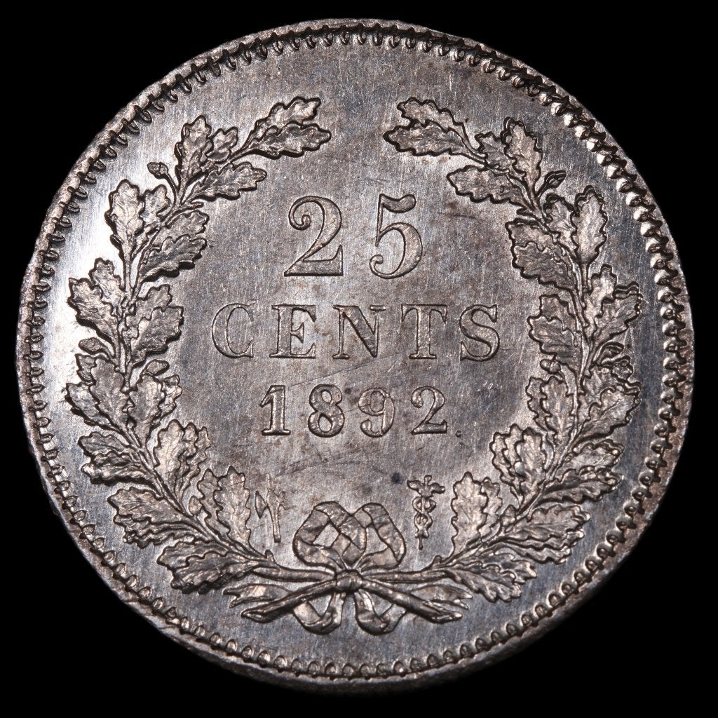 25 cent 1892. Unc., Zilver, 25 cent, Ophalen of Verzenden, Koningin Wilhelmina