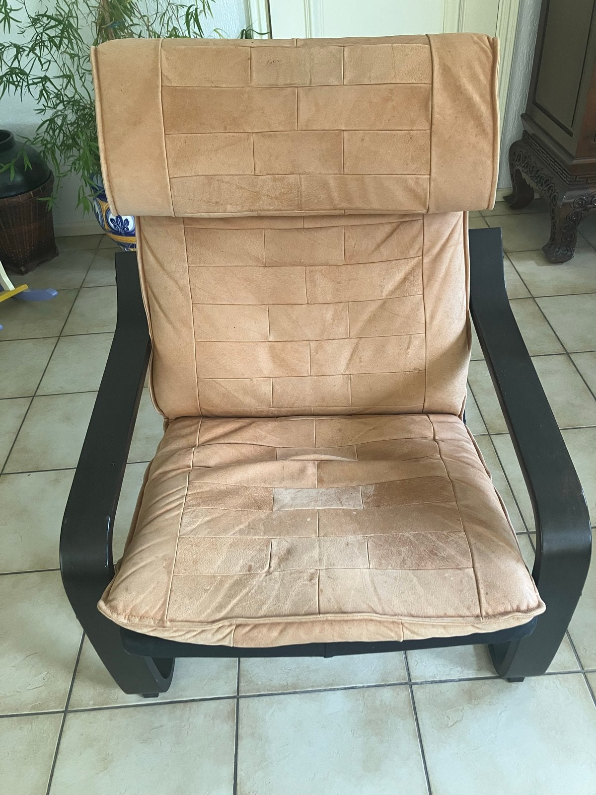 Vintage IKEA POÄNG fauteuil met nubuck leer zitting, Huis en Inrichting, Ophalen, Gebruikt, 75 tot 100 cm, 50 tot 75 cm
