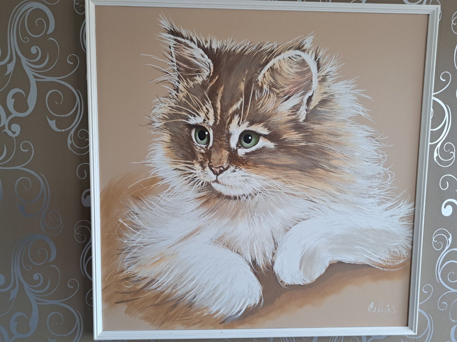Mooie poezenafbeelding met lijst 94x94 cm, Ophalen, Gebruikt, Schilderij, 75 tot 100 cm
