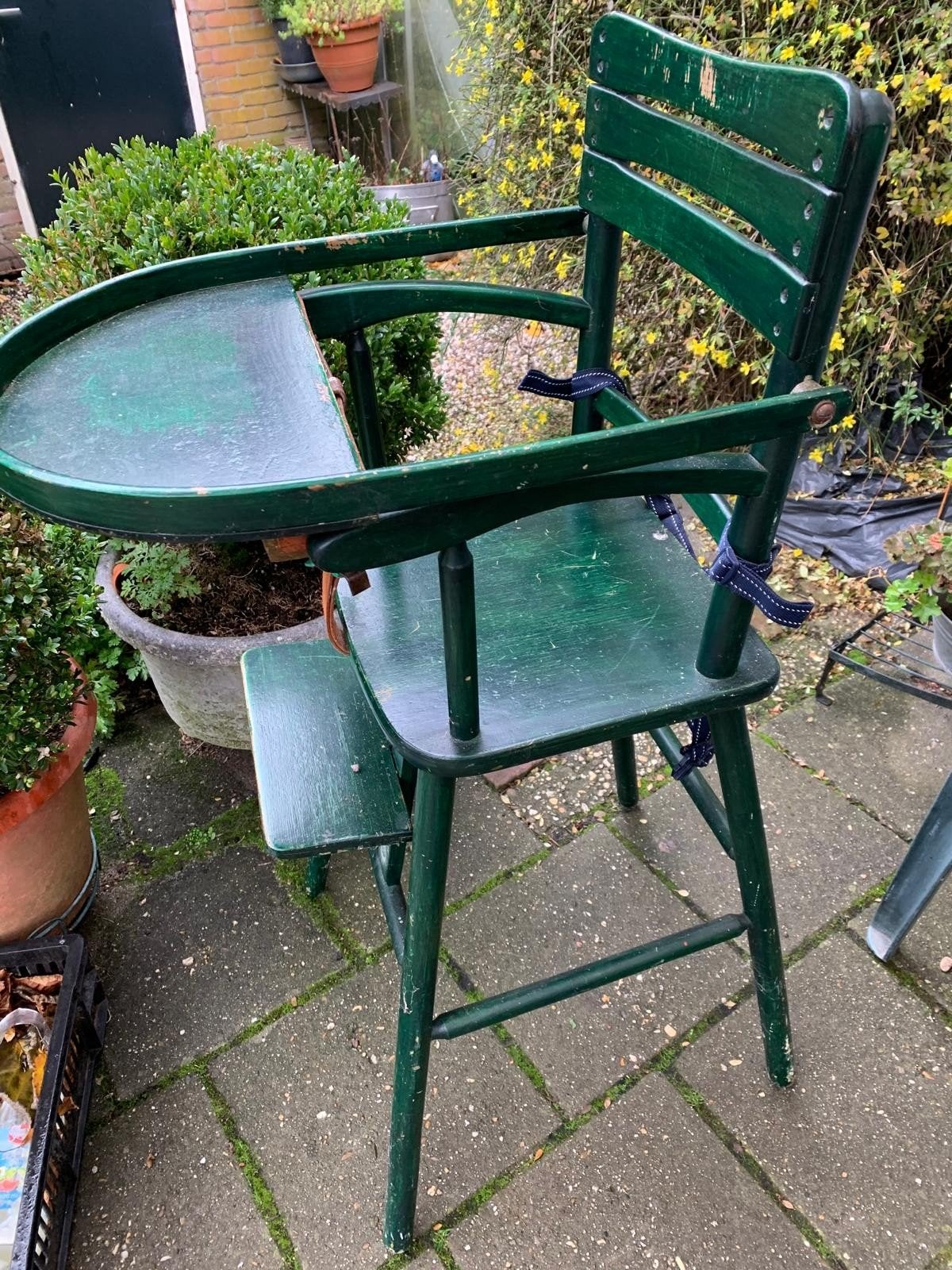 Vintage Groene Kinderstoel met Eetblad, Ophalen, Gebruikt, Overige typen, Gordel(s)