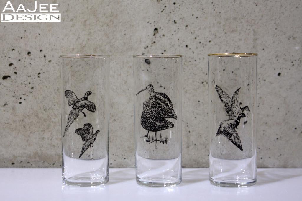 3 Vintage longdrinkglazen - WATERSNIPJACHT! - Jachttafereel, Ophalen of Verzenden, Gebruikt, Overige materialen, Glas of Glazen