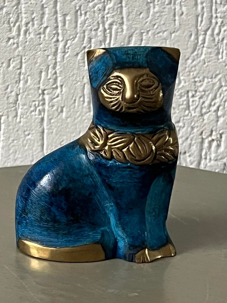 Vintage Egyptische Kat Beeldje - Blauw en Goud, Antiek en Kunst, Ophalen of Verzenden