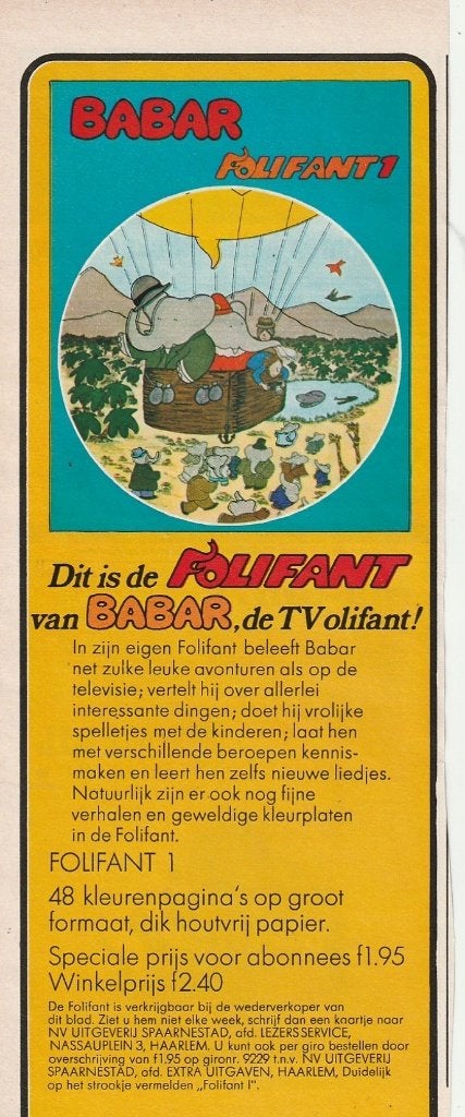 Retro reclame 1969 Babar de TV olifant met de Folifant, Verzamelen, Verzenden, Overige typen
