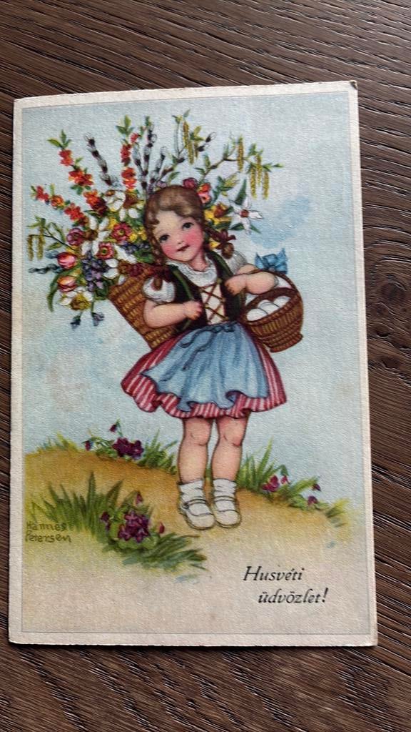 GERESERVEERD!Meisje met mand bloemen en mandje eieren, Ophalen of Verzenden, Gelopen, Kinderen