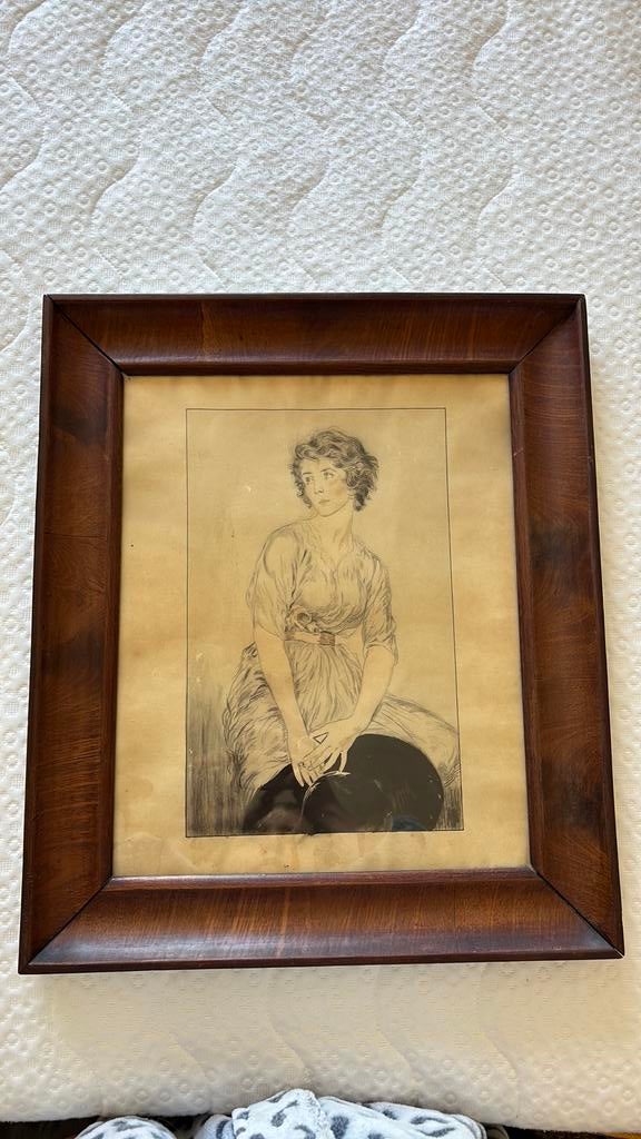 Tekening in houten lijst vrouw antiek, Ophalen of Verzenden