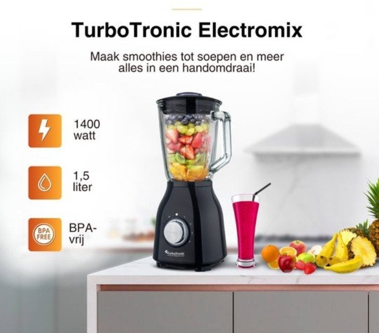 TurboTronic BG6 Blender - Krachtige glazen kan - RVS Zwart, Ophalen of Verzenden, Zo goed als nieuw, Blender