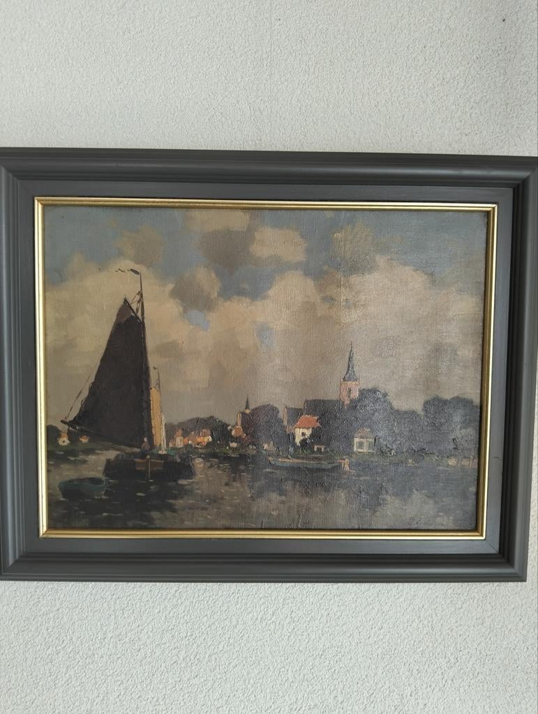 Schilderij Eugnatius Ydema - Hollands Landschap met Zeilboot, Ophalen of Verzenden