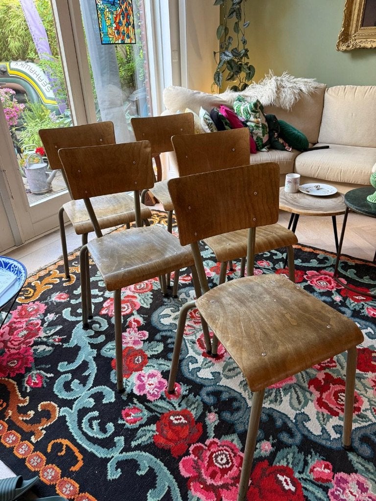 Set van 5 vintage schoolstoelen Tubax jaren '60 design, Ophalen, Gebruikt, Bruin, Vintage, retro, schoolstoelen, jaren '60