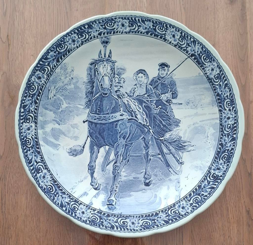 Antiek Delfts Blauw Boch Wandbord - Paard en Sleetocht, Ophalen of Verzenden