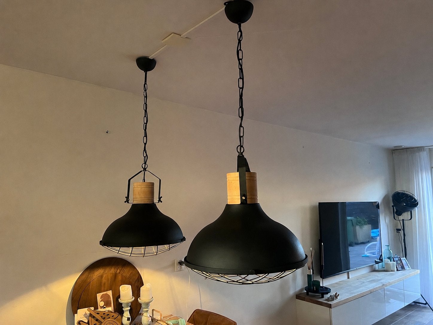 2 Industriële hanglampen, Ophalen, Gebruikt, Hout, E27 (groot)