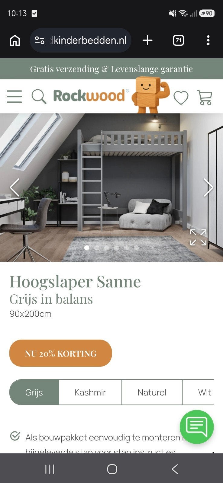 Nieuwe Hoogslaper Sanne Grijs 90x200cm, Ophalen, Eenpersoons, Nieuw, 90 cm