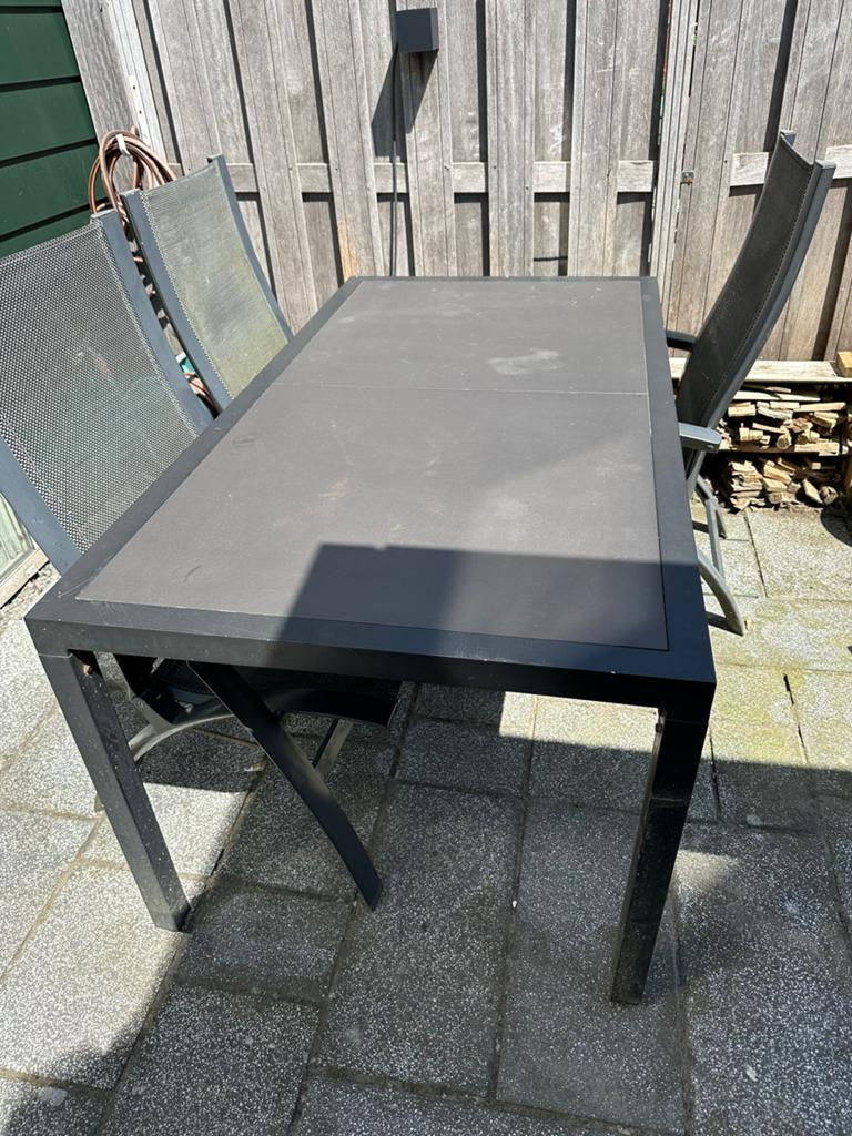 Bellagio tuinset: 4 aluminium stoelen met tafel 1.80m, Ophalen, 4 zitplaatsen, Gebruikt, Eettafel
