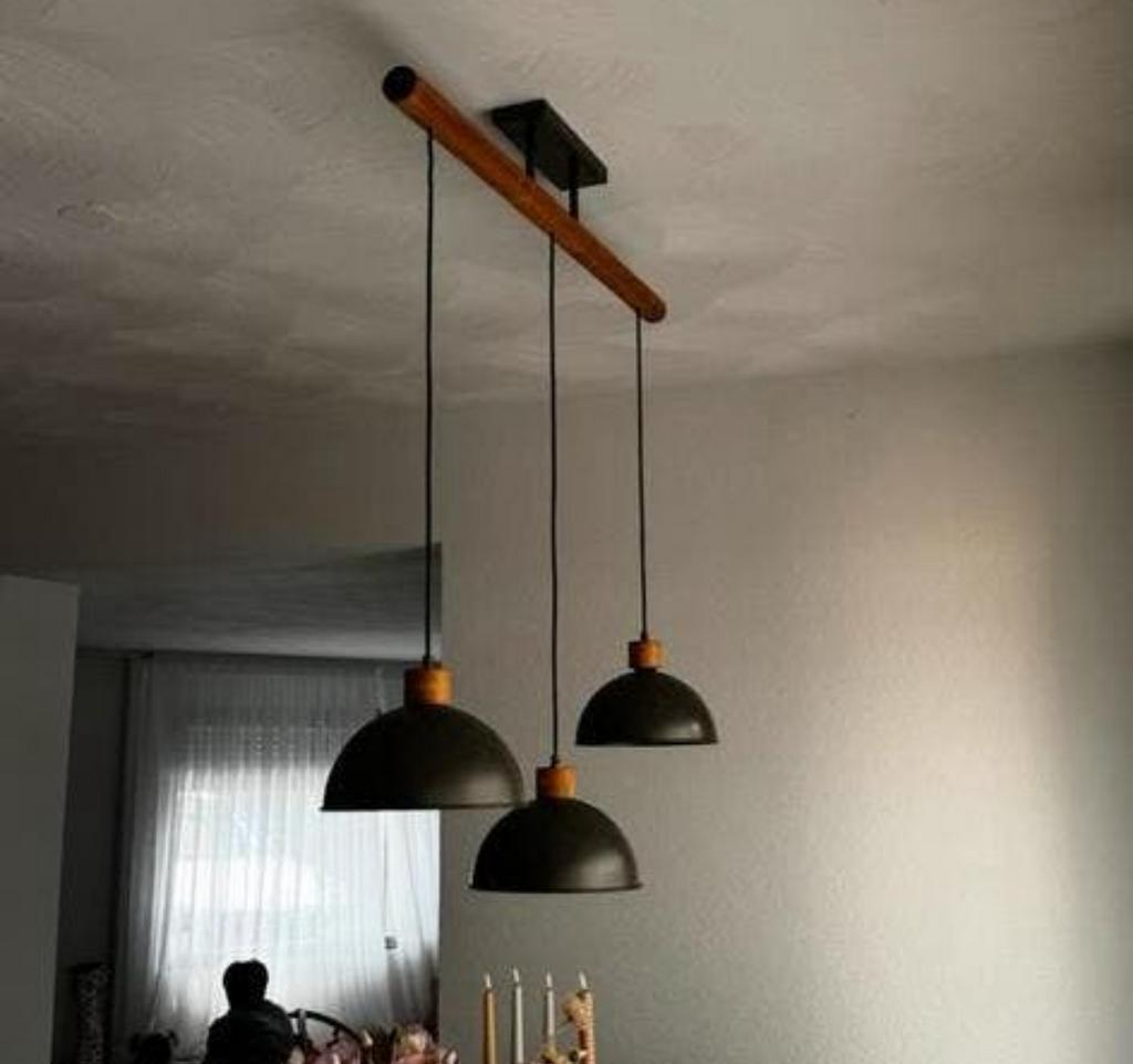 Hanglamp grijs hout eik industrieel, Ophalen, Zo goed als nieuw, Minder dan 50 cm