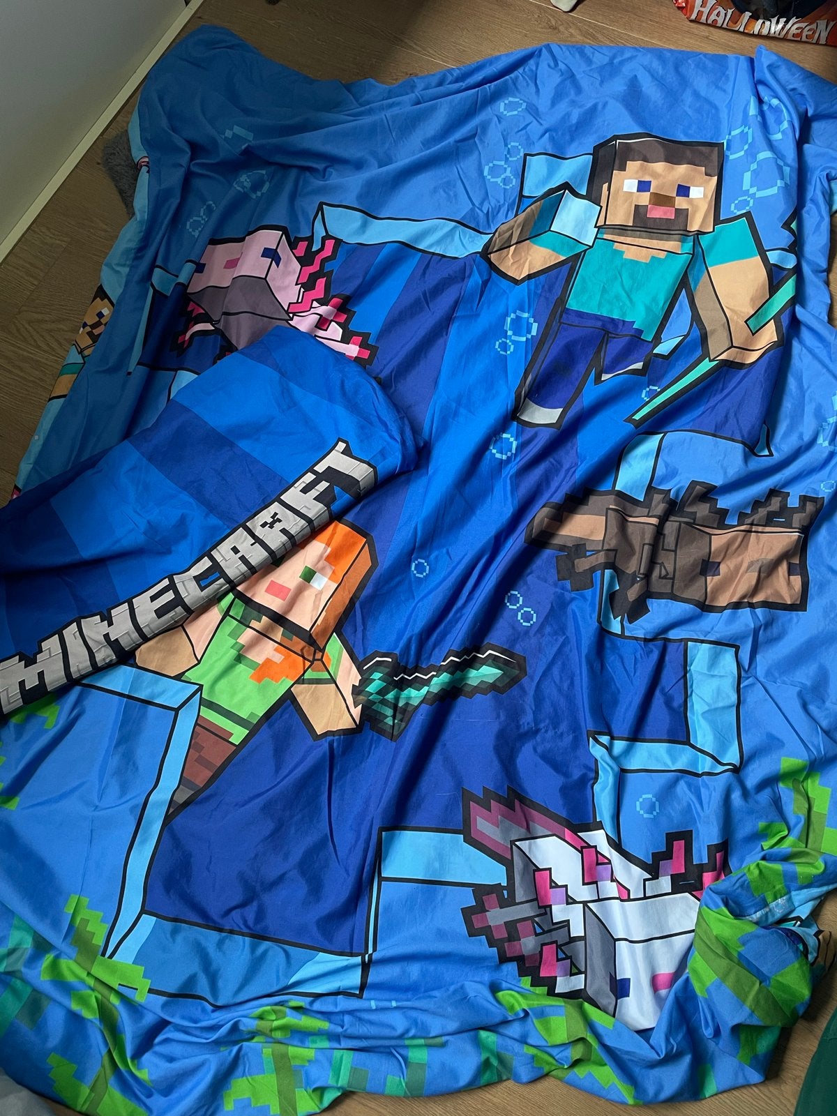 Minecraft Dekbedovertrek - Blauw met Steve en Axolotls, Overige merken, Blauw, Ophalen of Verzenden, Zo goed als nieuw