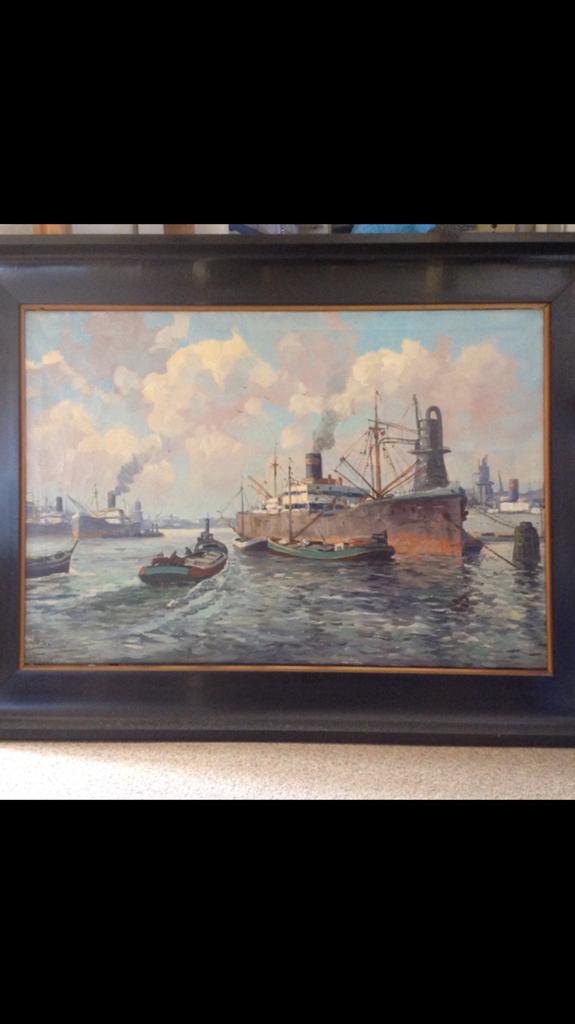 Olieverf op doek, schilderij gezicht op Rotterdamse haven, Antiek en Kunst, Ophalen