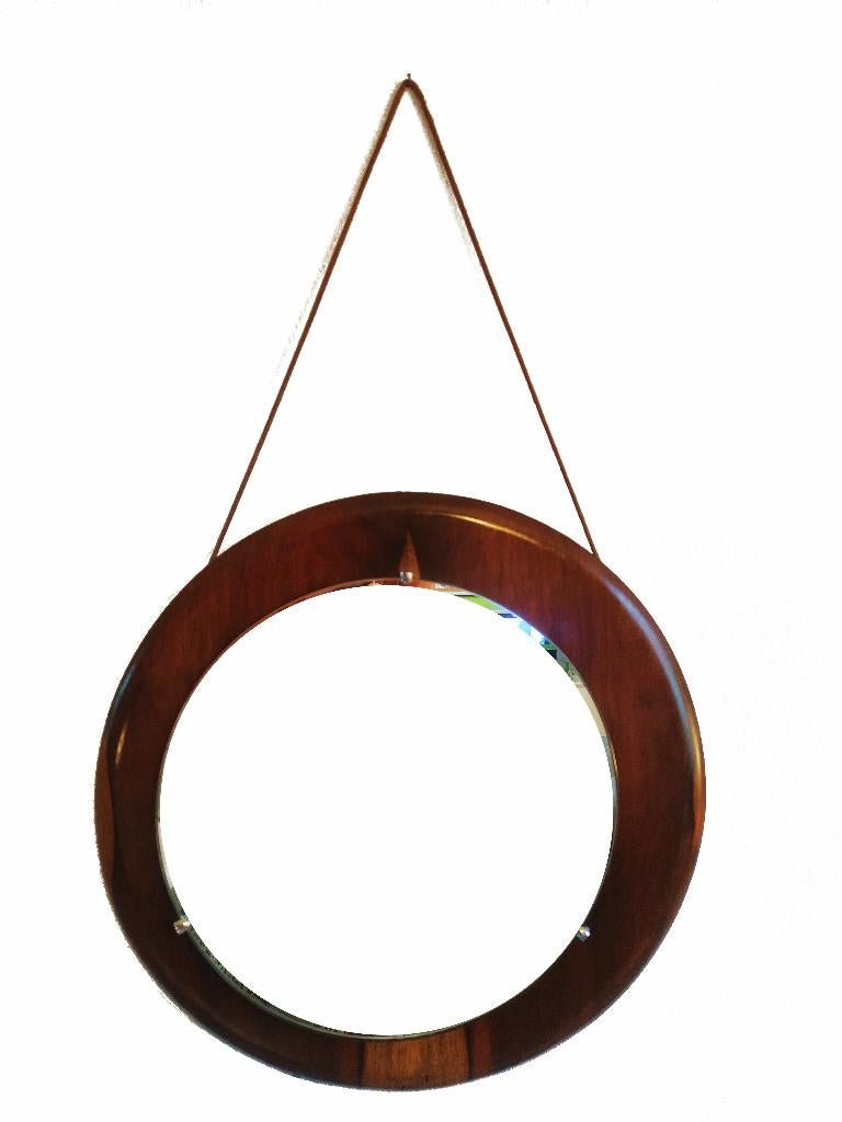 Schitterende grote vintage Scandinavische Rosewood spiegel, Huis en Inrichting, Gebruikt, Rond, Ophalen of Verzenden, Minder dan 100 cm