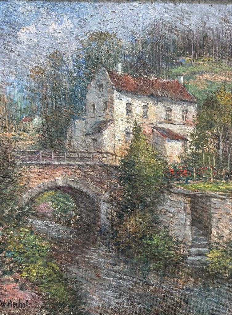 Waltère Neuhof (1904-1982) - Huis met brugje in het voorjaar, Antiek en Kunst, Kunst | Schilderijen | Klassiek, Doek, Ophalen of Verzenden