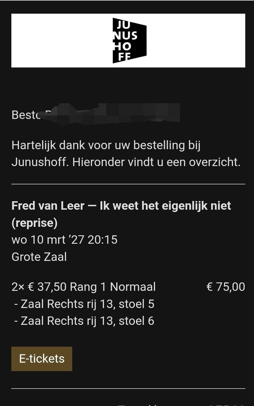 2 tickets show fred van leer, Twee personen, Maart