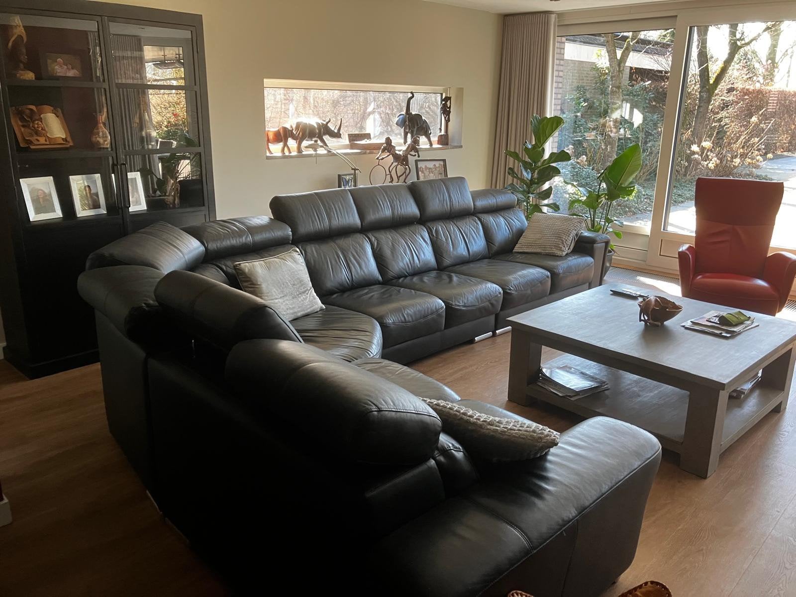 Luxe Zwarte Leren Hoekbank inclusief chaise longue, Ophalen, Modern, Comfortabel, 100 tot 125 cm, Hoekbank