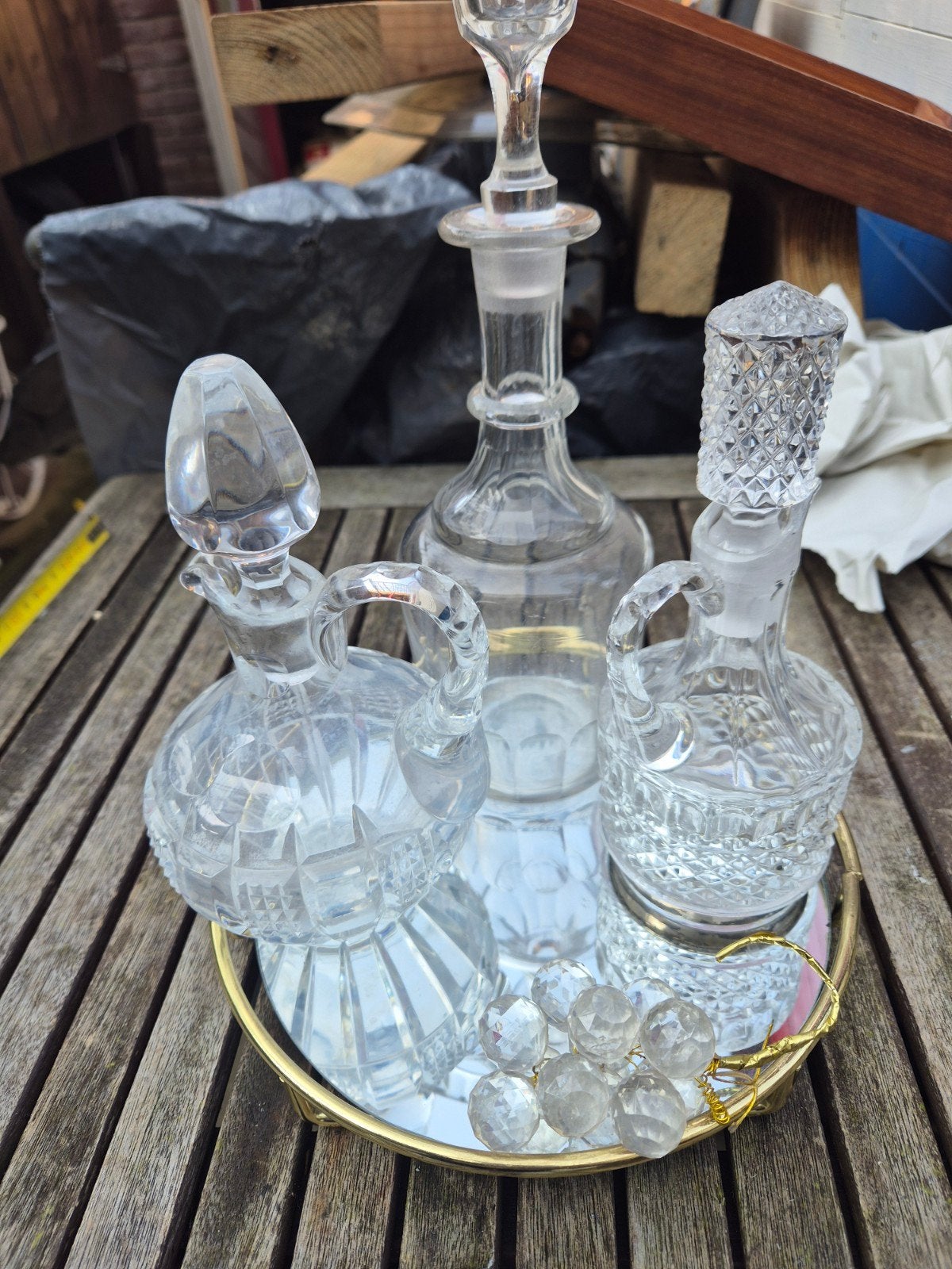 Vintage Glazen Karaffen Set met Spiegel Dienblad, Ophalen of Verzenden