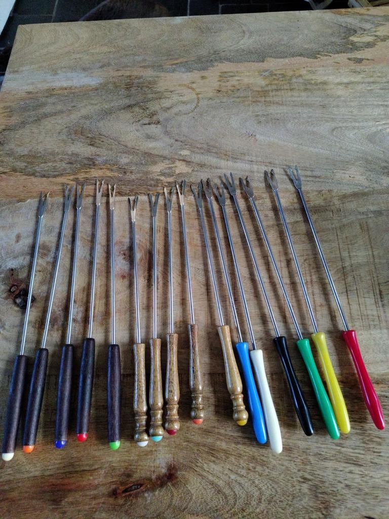 Vintage Fonduevorkjes Set - RVS met Houten/Kunststof Handvat, Ophalen of Verzenden, Gebruikt, Rvs of Chroom, Los bestek