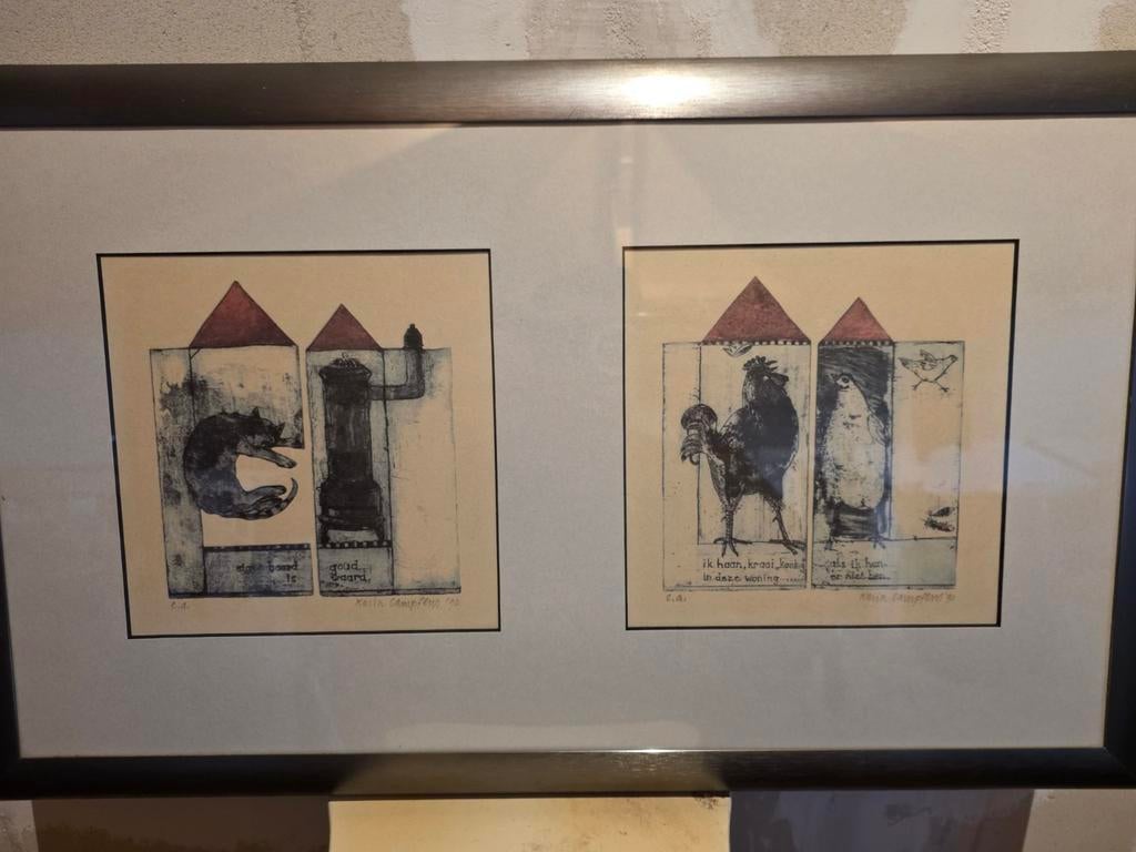 4 Zeefdrukken Karin Campfens - Eén lijst met glasbreuk, Antiek en Kunst, Ophalen of Verzenden
