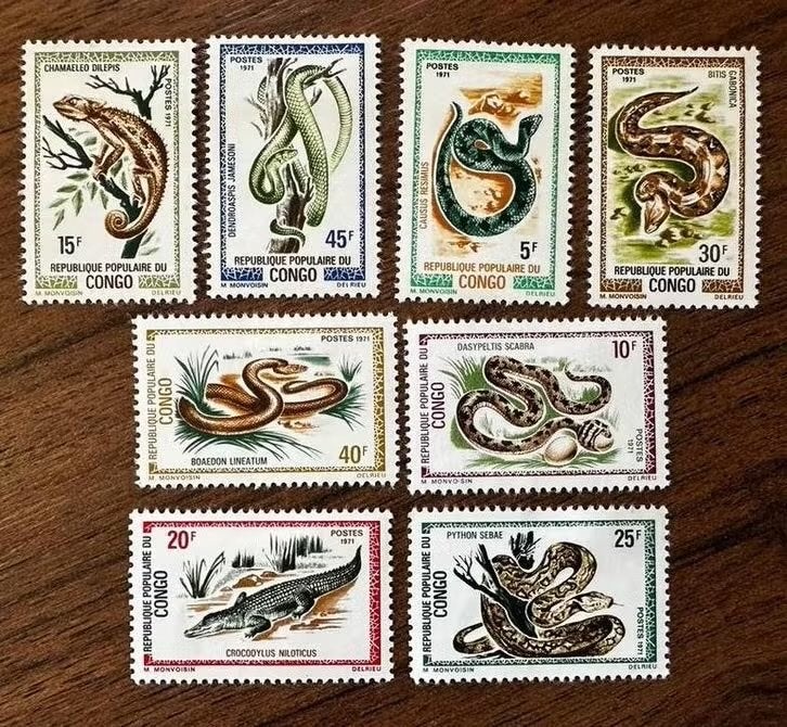 Congo Brazzaville 1971 reptielen postzegels ongebruikt, Ophalen of Verzenden, Overige landen