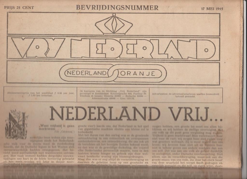 oorlog bezet nederland vrij bevrijdingsnummer mei '45 16 blz, Verzamelen, Ophalen of Verzenden, 1940 tot 1960, Nederland, Krant