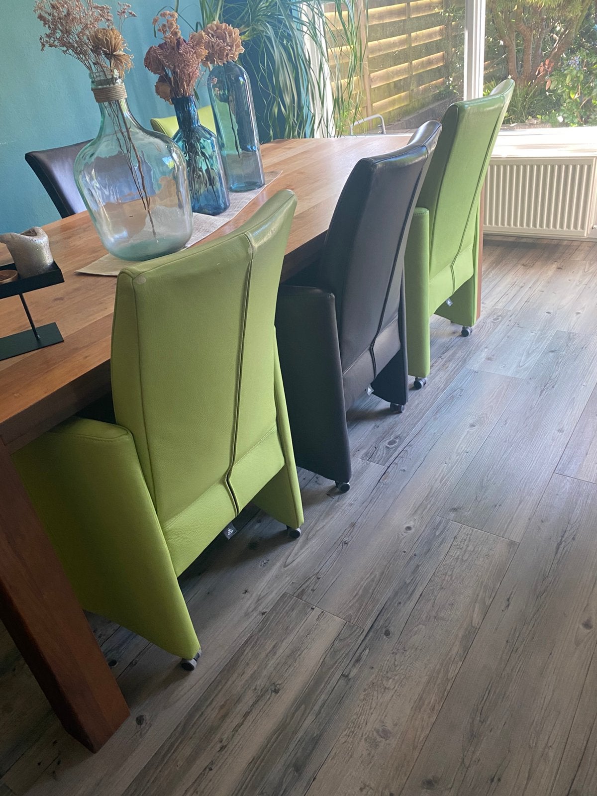 6 eetkamerstoelen groen en bruin, Huis en Inrichting, Stoelen, Ophalen, Gebruikt, Bruin, Leer