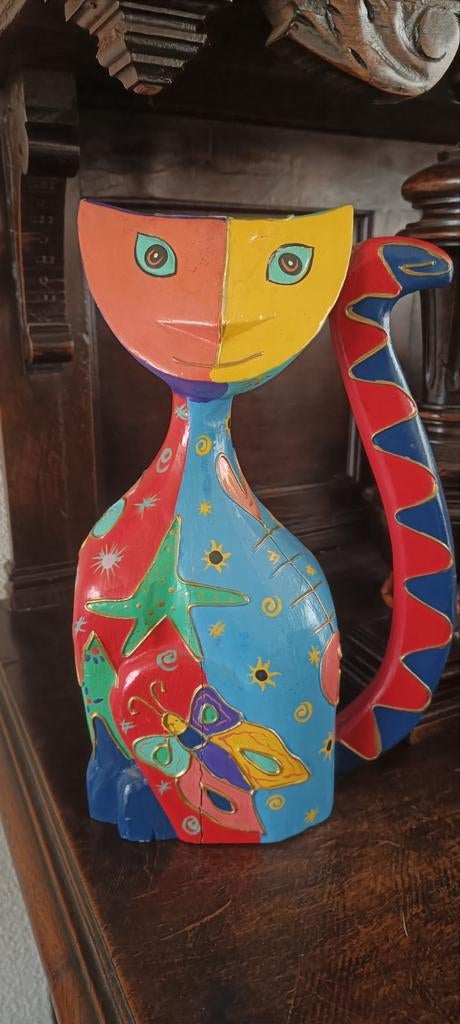 Unieke Handgeschilderde Houten Kat - Moderne Kunst Poes, Antiek en Kunst, Kunst | Designobjecten, Ophalen of Verzenden