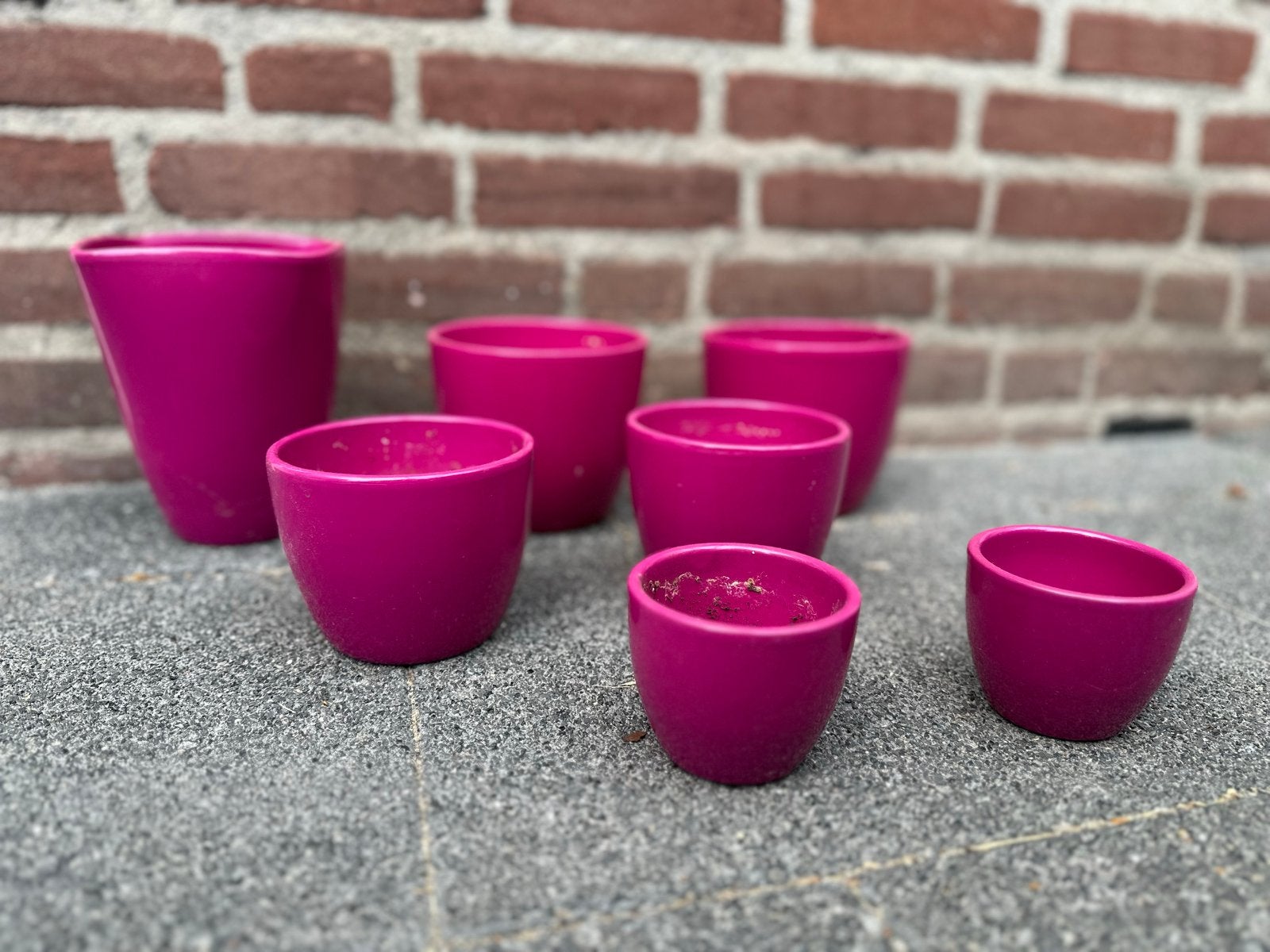 Set van 7 roze bloempotten, diverse maten en vormen, Tuin en Terras, Bloempotten, Ophalen, Gebruikt, Rond, Binnen