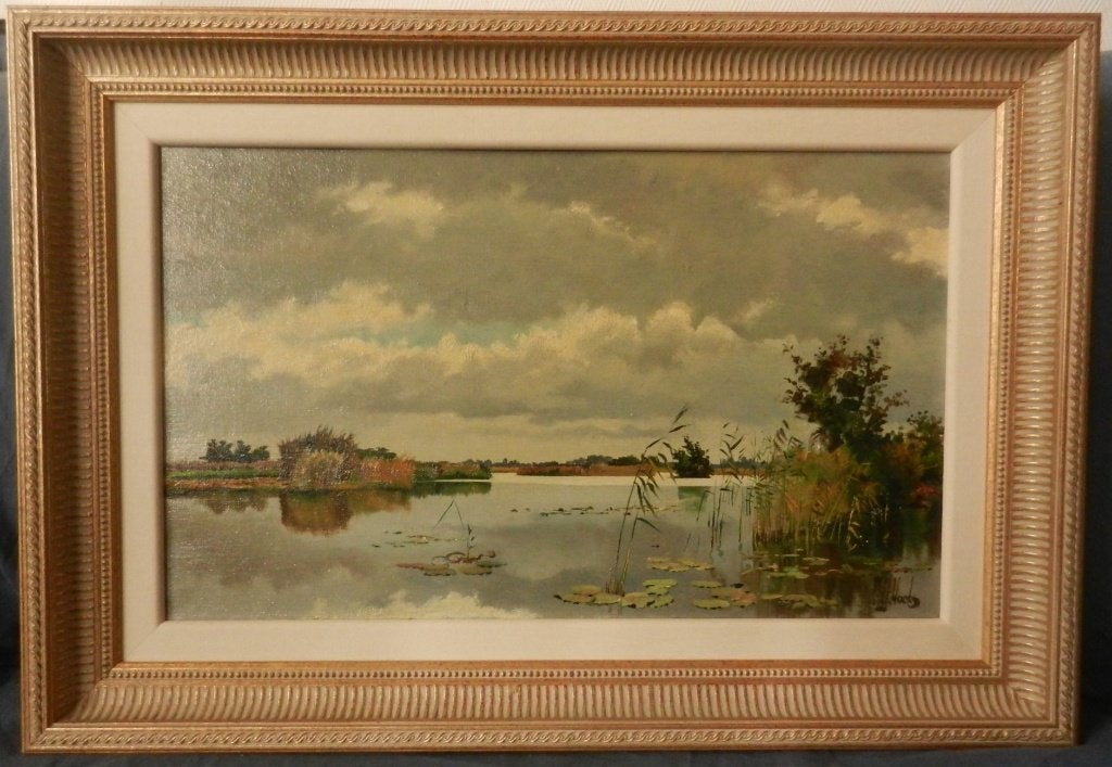 Olieverf Plasgezicht Pierre Hoeks (1906-1990) hxb: 29x49 cm., Doek, Ophalen of Verzenden, Gesigneerd, Landschap