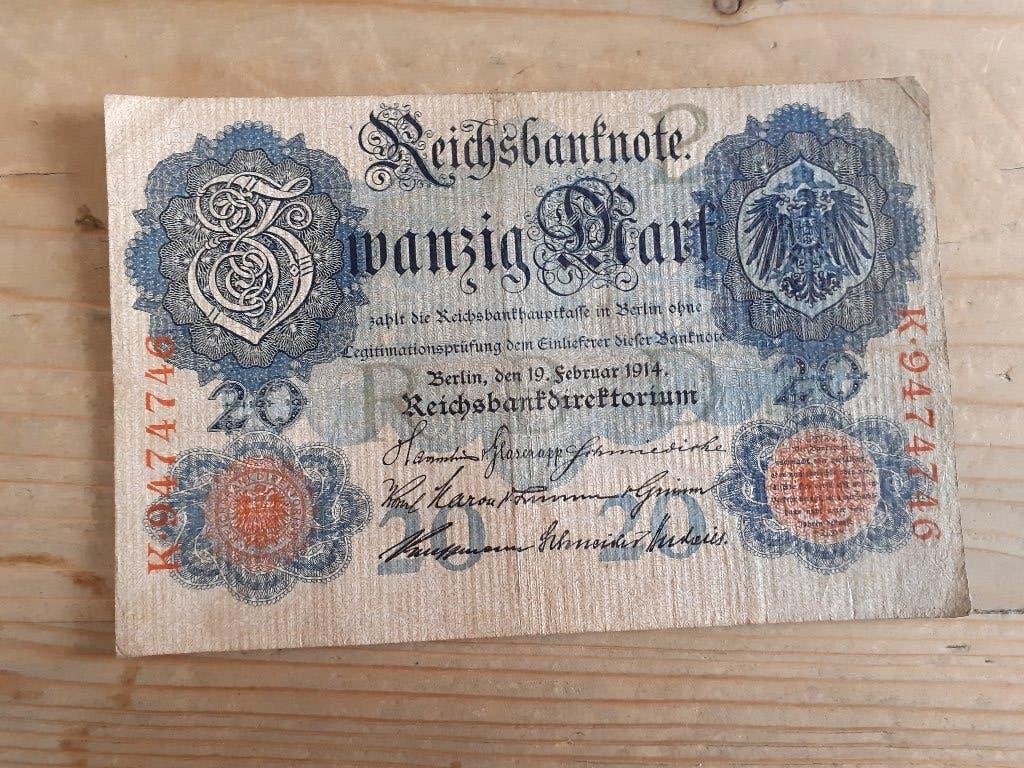 Duitsland biljet 20 Duitse Mark 1907-1908-1909-1910-1914, Postzegels en Munten, Bankbiljetten | Europa | Niet-Eurobiljetten, Ophalen of Verzenden