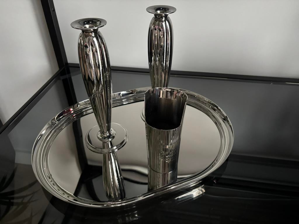 Georg Jensen dienblad met kandelaars en vaasje NIEUW, Overige materialen, Nieuw, Ophalen of Verzenden, Kandelaar