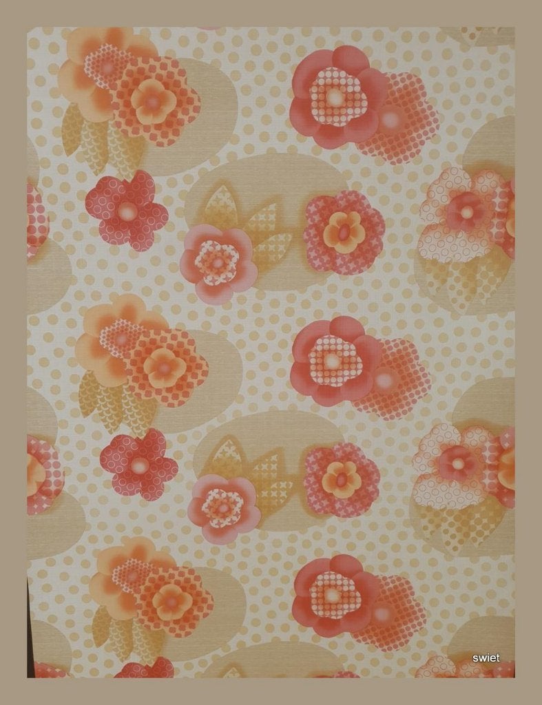 3709 Retro behang bloemen oranje roze rood seventies swiet, Ophalen of Verzenden, Beige