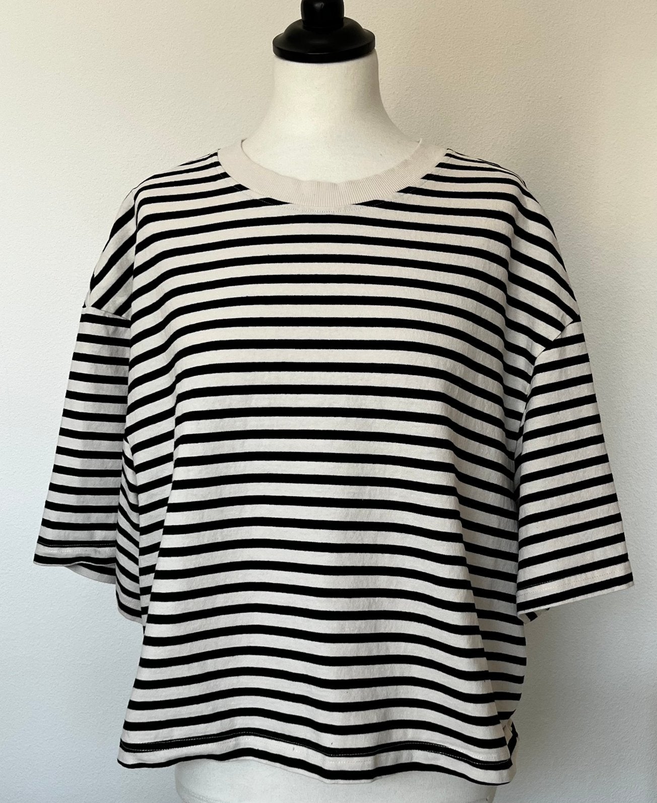 H&M zwart/wit gestreept katoenen shirt korte mouwen mat XL, Ophalen of Verzenden, Zo goed als nieuw, Maat 42/44 (L), Korte mouw