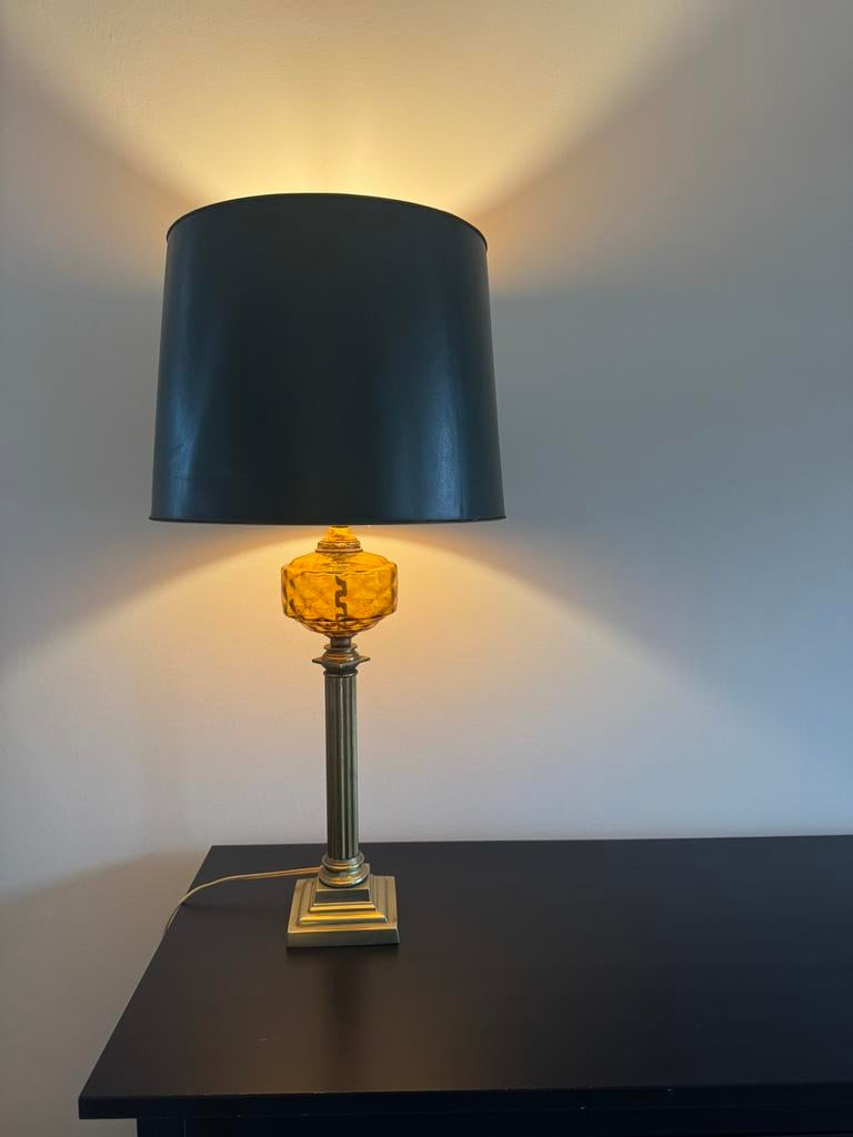 Vintage goudkleurige tafellamp / stalamp met groene kap, Ophalen, Gebruikt, Overige materialen, 75 cm of meer