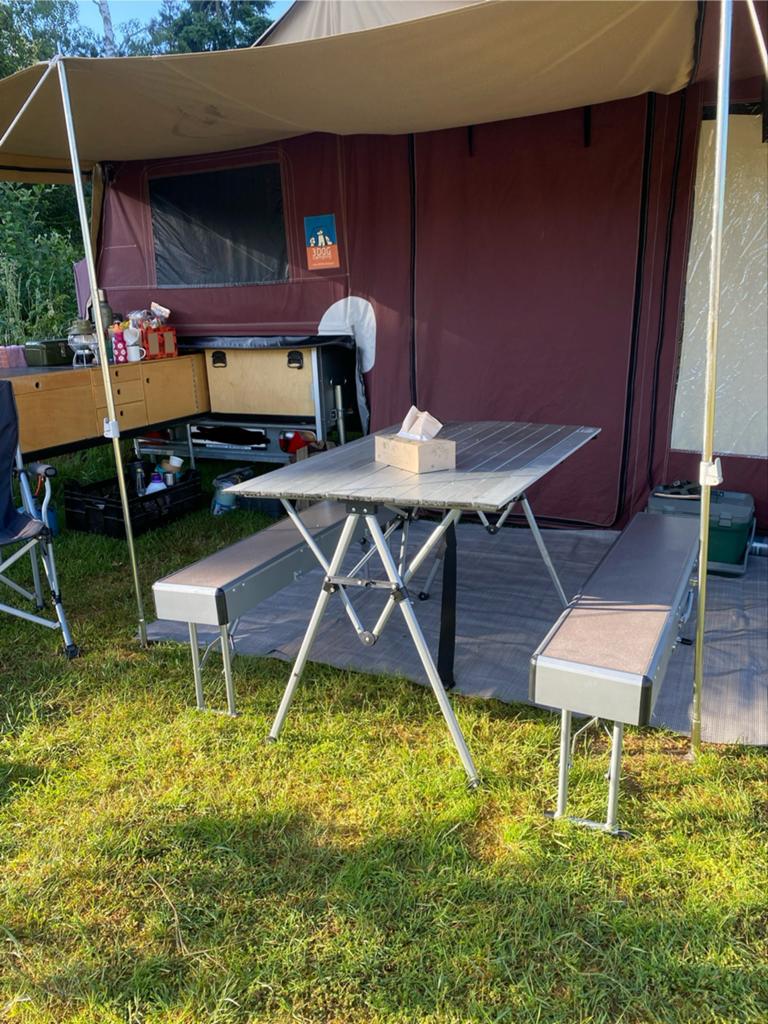 Defa Kampeertafel met Bankjes en Draaghoes, Caravans en Kamperen, Kampeermeubelen, Gebruikt, Campingtafel, Ophalen